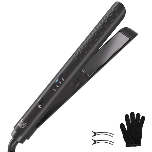 Quico Hair Straightener, Professional Negative Ion Flat Iron Hair Straightener, 15s Fast Heating, Temp Memory, 320℉-450℉, 110-240V, Auto-Off, with Glove and Clips, Gift, Black