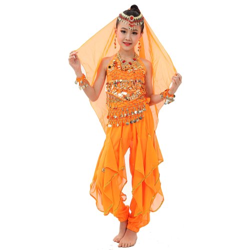 Cielary Kids Girls Belly Dance Halter Top Harem Pants Costume Set Halloween Outfit with Head Veil Waist Chain and Bracelets(Orange,L)