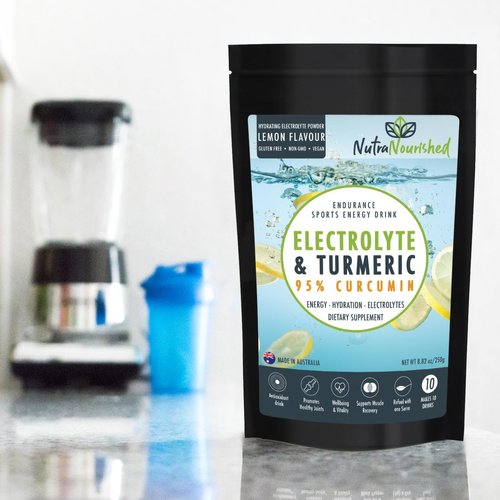 Electrolyte Powder Infused with 95% Pure Organic Curcumin from Turmeric - Sports Energy Drink Mix - Hydration Powder Sugar Free - Lemon Flavor Turmeric Drink - 250g