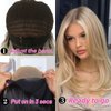 QDBOWIN 16" Wear Go Glueless Highlight Brown Lace Front Wig Natural Straight Glueless Ombre Brown Mixed Blonde 5x6 Synthetic Wigs