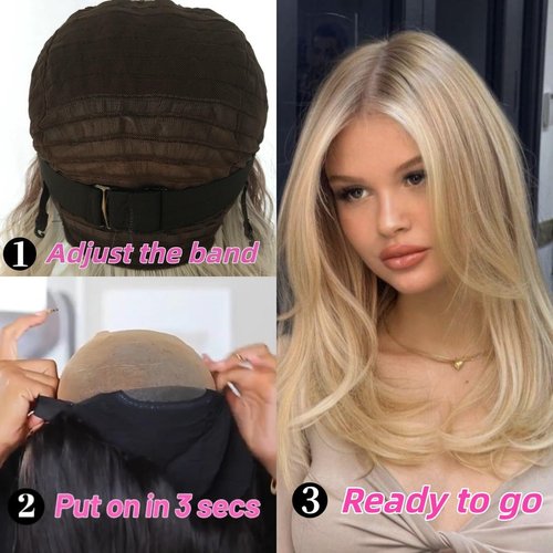 QDBOWIN 16" Wear Go Glueless Highlight Brown Lace Front Wig Natural Straight Glueless Ombre Brown Mixed Blonde 5x6 Synthetic Wigs