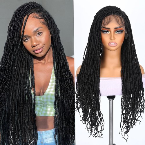 Lady Miranda Full Lace Faux Locs Wigs for Black Women Knotless Square Part Dreadlock Wig with Baby Hair Soft Locs Synthetic Dreadlock Wigs for Black Women Goddess Locs Braided Lace Front Wigs