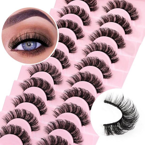 Ahrikiss Russian Strip Lashes D Curl Fluffy False Eyelashes Wispy Natural Mink Lashes Look Like Extensions 10 Pairs Pack Fluffy 3D Volume Fake Lashes (D03)