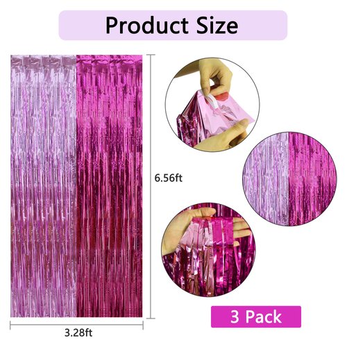 BEISHIDA 3Pcs Hot Pink Door Streamer Colorful Hot Pink Colour Scheme Backdrop Foil Fringe Tinsel Curtains Hot Girls Mean Girls Backdrops for Birthday Children's Day Decoration (3.28 ft x 6.56 ft)