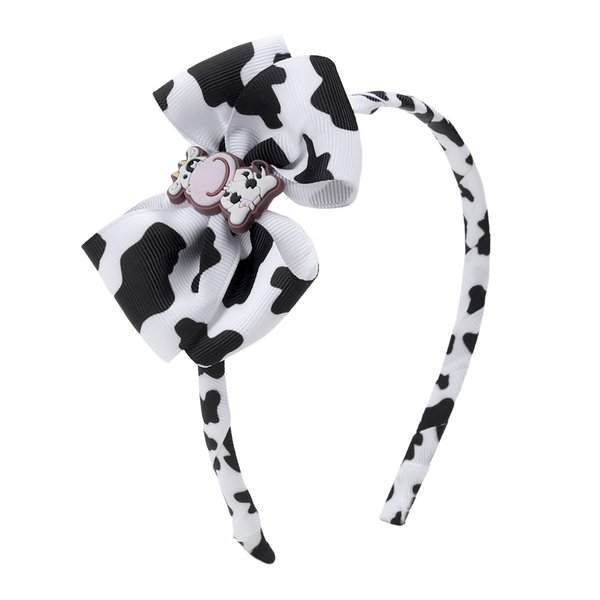 Ecuupas Cow Print Bow Headbands Cute Moo Cow Headband White Black Cow Spot Head Hoop Grosgrain Ribbon Bow Hairband Hair Decoration for Teens Girls Woman 1Pcs