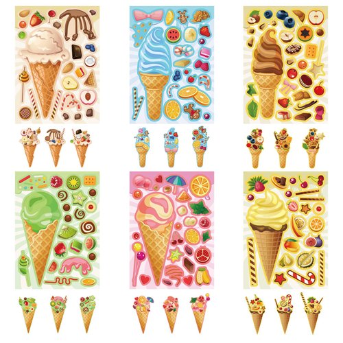 24 Sheets 8.26''×5.9'' Ice Cream Stickers, Make-a-face Stickers for Kids Toddlers, Make Your Own Ice Cream Stickers, DIY Summer Dessert Ice Cream Stickers for Kids Birthday Activities Supplies Crafts