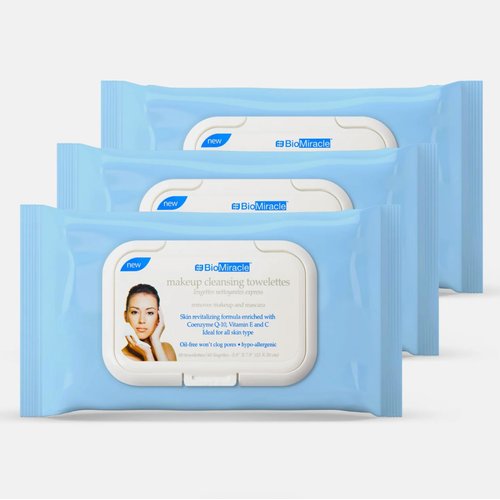 BioMiracle Coenzyme Q10, Vitamin E and C Makeup Cleansing Towelettes 3 Pack/180 Towelettes - Removes Eyeliner, Eye-Shadow, Lipstick and Mascara