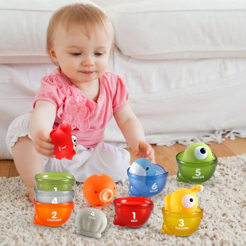 Education Bath Toys for 1 2 3 Year Old - Baby No Hole Bath Toys with Stacking Cups - Montessori Learning Toys for Babies 12-18 Months - Toddler Floating Toys for Kids Ages 1-3
