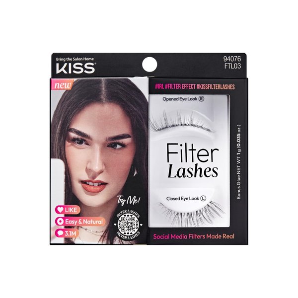 KISS Filter Lashes, AR Inspired Open-Eyed Spiky Lashes, 1 Pair, Long Length (14mm) Wispy False Eyelashes, Natural 3D Volume for an Effortless Minimal Look, Glue Included, LASH x GLOSS