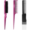 3 Pieces Pick Teasing Combs Hair Brush Set Includes Black Carbon Lift Teasing Combs with Metal Prong, Triple Pin Rat Tail Comb, Nylon Bristle Hair Comb Brush for Women (Black, Rose Red)