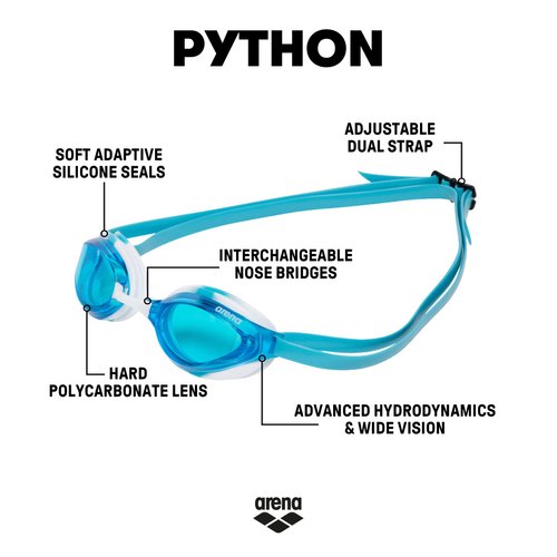 ARENA Python Racing Swim Goggles for Men and Women, UV Protection, Anti-Fog, Dual Strap, Non-Mirror Lens, Blue/White Sky
