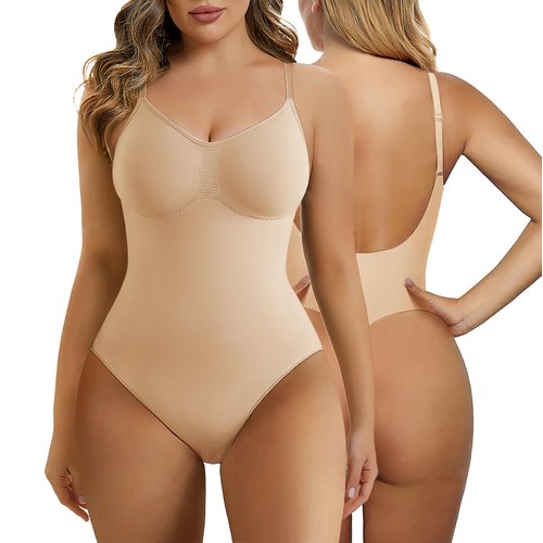 SHAPERX Low Back Bodysuit for Women Tummy Control Shapewear Seamless Sculpting Body Shaper Thong Tank Top,SZ5266-Beige-S/M
