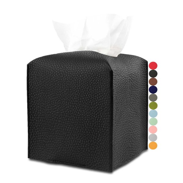 Leather Tissue Box Cover Square – Tissue Holder with Bottom Belt [JESMINI, Black] Aesthetic PU Leather Tissue Box Holder Decorative for Bathroom, Home Office Decor