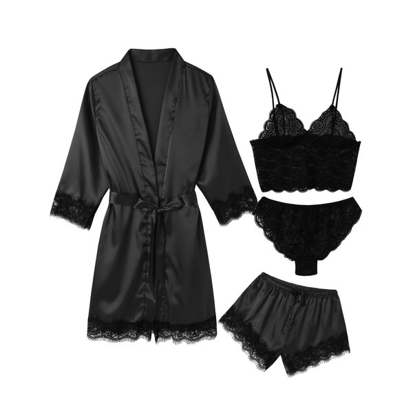 ESKTJH Pajamas For Women Silk Sleepwear 4 Pcs Set Sexy Lace Lingerie Satin Cami Shorts Robe Set Nightwear Black