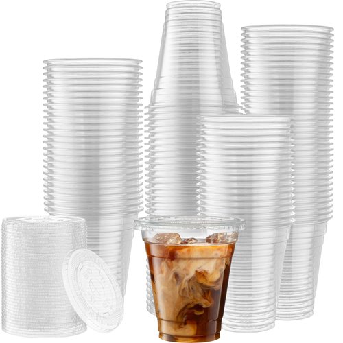 ELEGANT DISPOSABLES [50 Sets - 12 Oz] Crystal Clear Plastic PET Cups With Flat lids for Iced Coffee, Cold Drinks, Milkshake, Slush Cups, Smoothy's, Slurpee, Party's, Plastic Disposable Cups