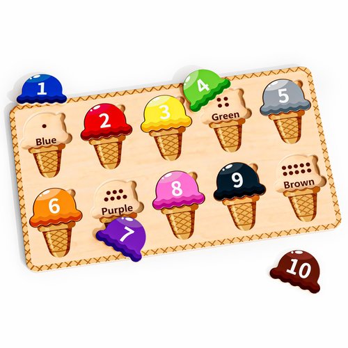 zhiwuzhu Wooden Puzzles for Toddlers,Montessori Toys,Preschool Learning Activities,Peg Puzzle with Ice Cream Shape and Color Number Matching Educational Toys