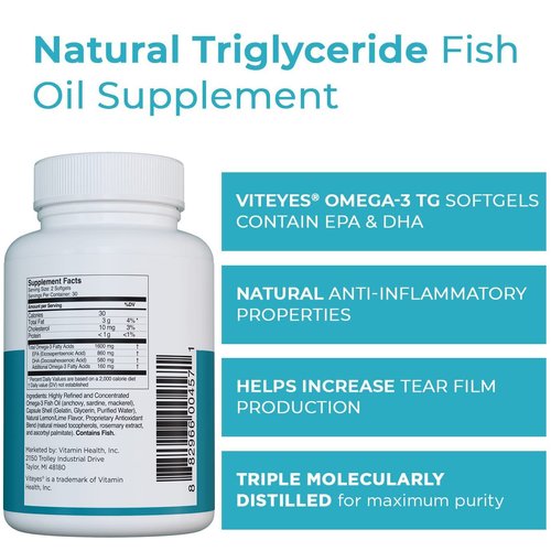 Viteyes Omega-3 TG Eye & Heart Health Supplement, Natural Triglyceride Fish Oil Formula, Clear, 60 Count