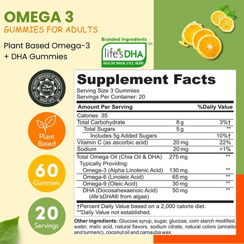 SHIFAA NUTRITION Vegan Omega 3 Gummies for Adults | No Fish Oil Burps | 60 Gummies | Plant Based w/Chia Oil, Algae | Omega 3 6 9 w/DHA, Vitamin C | for Brain, Cardiovascular & Immune Support Halal
