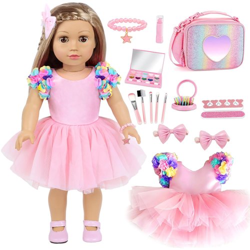 American 18 Inch Doll Clothes and Accessories Makeup Playset Fit 18 Inch Doll Including Fashion Skirt, Bag, Eye Shadow Plate, Lipstick, Comb Mirror, Pair of Hairpins, Makeup Brushes, Bracelet