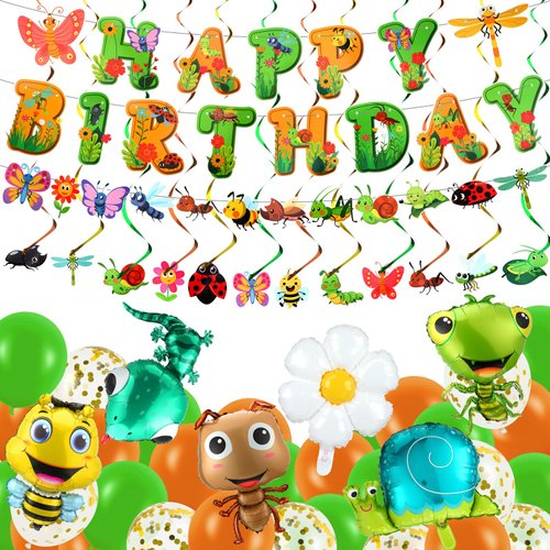 50 Pcs Bugs Party Decorations Include Cute Insect Animal Foil Balloons, Summer Garden Bugs Banner, Insects Hanging Swirl Decorations, Daisy Foil Balloon and Green Orange Confetti Balloons for Birthday