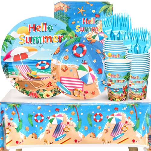 Atonofun Beach Paper Plates, Beach Plates and Napkins Party Supplies, Disposable Plates, Cups, Napkins, Cutlery and Tablecloth for Hawaiian, Summer Party, Beach Birthday Party Decorations Serves 24