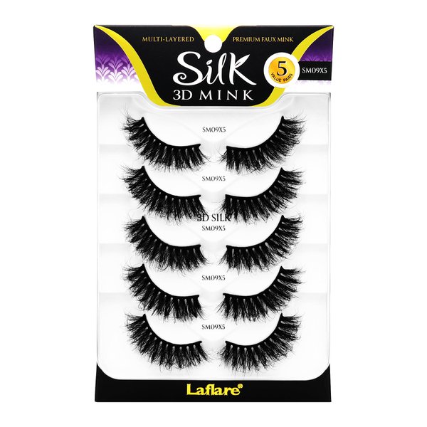 Laflare Silk Mink 3D False Eyelashes Light, Fluffy Natural Looking False Lashes, Wispy Lashes 5 Pairs Value Pack (SM09X5P)