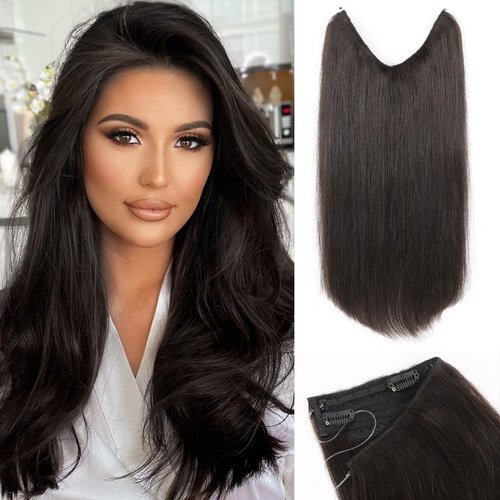 Halo Hair Extensions Real Human Hair Invisible Wire Hair Extensions with Transparent Wire Adjustable Size Removable Secure Clips in Straight Secret Hairpiece for Women（80g,16Inch Natural Black）