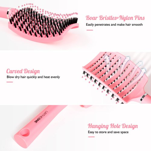 Hair Brush,URTHEONE Detangling Hairbrush Boar Bristle Curved Vented Hair Brush for Women Men Kids Curly Thick Long Short Wet or Dry Hair, Faster Blow Drying(2Pack, Black&Pink)