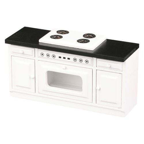 Wooden Dollhouse Kitchen Stove, Miniature Dolls House Oven, Four Burners, Range, Cabinet, 1/12 Scale, White Farmhouse