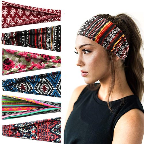 La Jolie Jasmin 6 Pack Boho Headbands Stretchy Non Slip Hair Bands Bohemia Printed Elastic Sweat for Sport Yoga Running