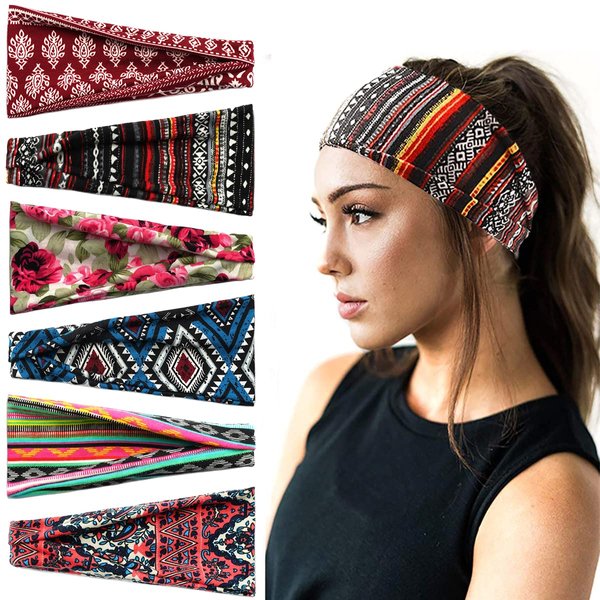 La Jolie Jasmin 6 Pack Boho Headbands Stretchy Non Slip Hair Bands Bohemia Printed Elastic Sweat for Sport Yoga Running