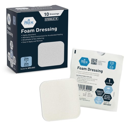 MED PRIDE Foam Dressings -10 Pack, 2'' X 2'' - Sterile, Hydrophilic, Highly Absorbent- Soft, Non-Adhesive Pads, Waterproof Dressing for Wound Care & Ulcers, Post Op Trauma + Injuries