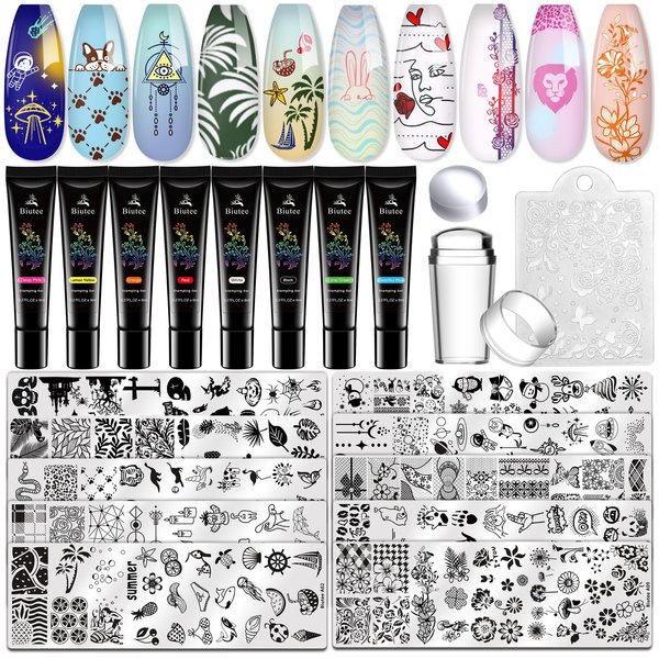 Biutee Nail Stamping Plates with 8 Colors Nail Stamping Polish Gel 10PCS Nail Stamp Plates Nail Stamper Christmas Starry Sky Lace Flower Leaves Animal Nail Stamping Kit Nail Stamp Template Nail Design