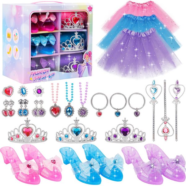 Princess Dress Up Toy Set, Girls Jewelry Boutique Role Playing Game, Toddler Dress Up Princess Shoes, Skirts, Crowns, wands, Jewelry, Party Birthday Creative Gift for 3 4 5 6 7 8 Years Old Girls