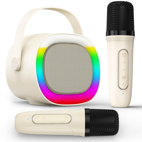 LENRUE Karaoke Machine for Kids with 2 Wireless Microphone, 4 Magic Voices, Karaoke for Girls Boys, Best Birthday Gifts for Kids 4, 5, 6, 7, 8, 9, 10, 11, 12+ (Beige 2 Mic)