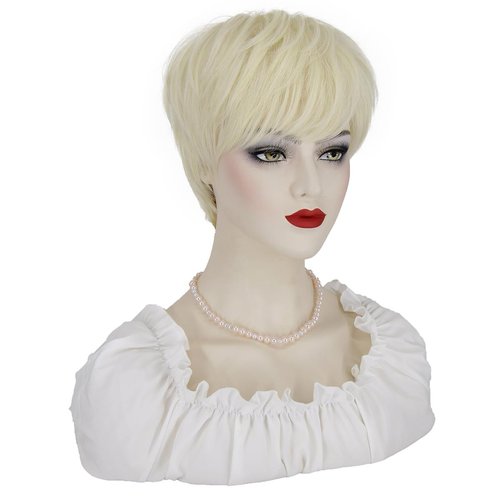 KEAT Light Blonde Wigs for White Women Short Blonde Wigs for Women Straight Blonde Bob Wig Pixie Wigs for White Women with Bangs Natural Cute Synthetic Wigs for Daily Party K024LG