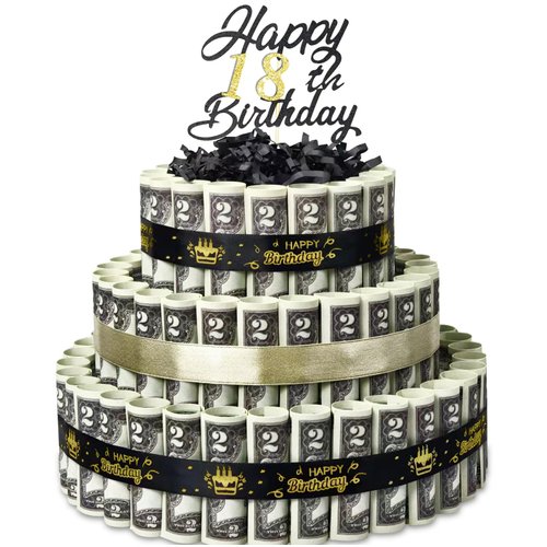 BUAEL Happy Birthday Gift Can Be 18 Age 3 Layers Of Black Gold Cake Filled With Cash Happy Birthday Day Money Cake Gift Party Supplies Money Gift Ideas For Birthday Cake
