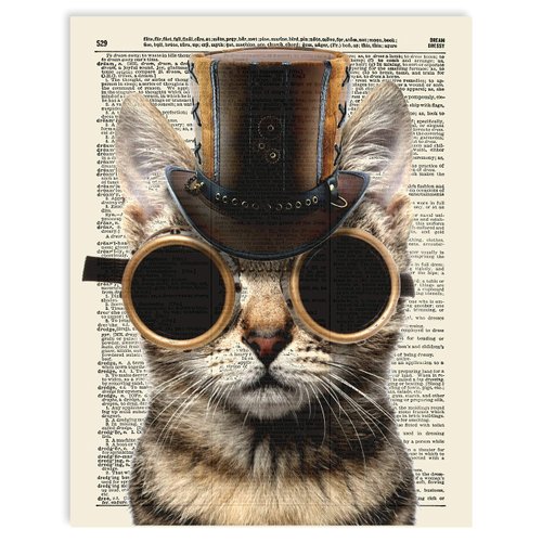 Steampunk Cat Vintage Dictionary Art Print, Antique Wall Art Home Decor, Modern Boho Poster, Farmhouse Decoration Living Room Bedroom Office 8x10 Inches, Ready To Frame