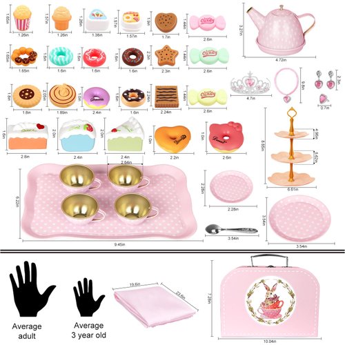 Tea Party Set for Little Girls, 49PCS Princess Tea Time Toys Including Tea Set Dessert Carrying Case, Kids Kitchen Pretend Playset, Tea Set for Girls Birthday Toddler Gifts Age 3-8