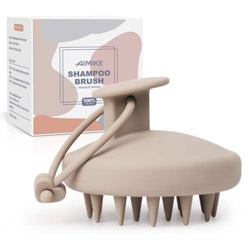 AIMIKE Scalp Massager Shampoo Brush, 100% Soft Silicone Scalp Scrubber, Scalp Exfoliator Brush for Dandruff Removal, Scalp Massager for Hair Growth, Wet Dry Hair Massager Shampoo Brush, Khaki