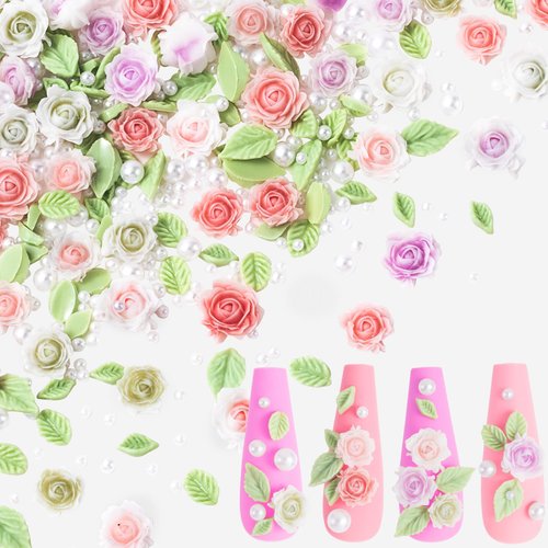 Mxxipp Resin Rose Nail Art Charms, Colorful Camellia Rose Flower Leaves Nail Decoration, Flatback Floral Nail Art Accessories Pearls Beads for Acrylic Nails Design