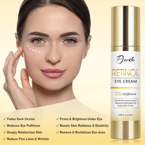 Pjordo Retinol Eye Cream for Dark Circles Puffiness, Under Eye Cream Anti Aging Eye Cream Reduce Wrinkles & Fine Lines, 5% Caffeine Eye Cream with Eye Massage Wand, Gifts