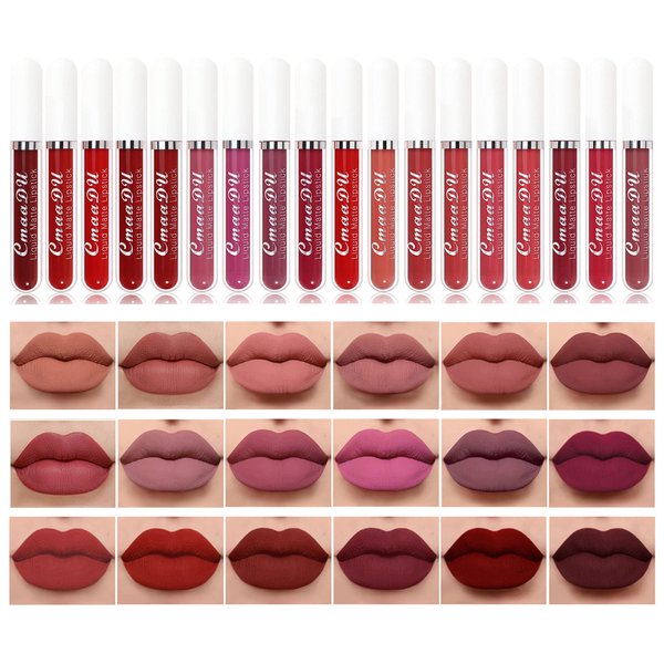 BONNIE CHOICE 18Pcs Matte Liquid Lipstick Set, Waterproof Long Lasting Non-Stick Cup Nude Lipstick Dark Red Lipstick for Women 24 Hour High Pigmented Lip Gloss Set Christmas Gift Sets for Women