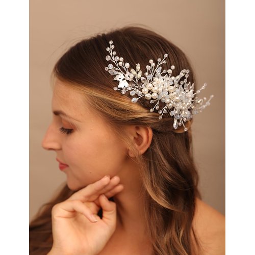 Teyglen Women Dainty Silver Crystal Flower Pearls Hair Comb Rhinestone Wedding Hair Comb Headband Hair Pieces Bridal Rhinestone Headpieces for Women Bride (Silver)