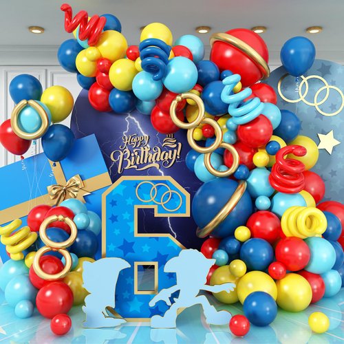 Jobkoo Red Blue Yellow Balloon Garland Arch Kit 127 PCS Dark Light Blue Red Yellow Primary Color Balloons with Long Balloon for Cartoon Hedgehog Theme Carnival Circus Baby Shower Birthday Party Decor