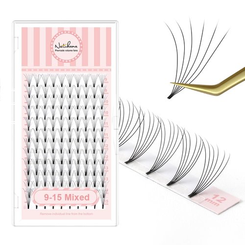 NATUHANA Premade Fan Eyelash Extension 6D Short Stem 0.07mm D Curl 9-15mm Mixed Tray Russian Volume Lash Pre made Fan False Lashes Short Root Lash Supplies Lash Extensions (9-15 MIX, 6D black;0.07 D)