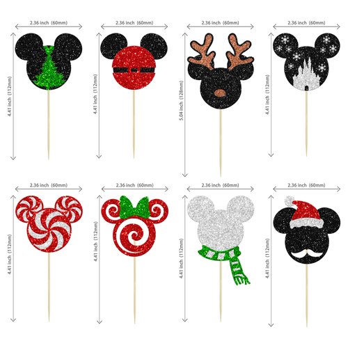 24Pcs Glitter Mini Mouse Inspired Christmas Cupcake Toppers Snowflake Deer Santa Hat Mini Christmas Cupcake Picks Decorations for Merry Christmas Theme Party Supplies