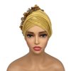 NJYFG 2024 New African Women's Turban Cap Nigeria Auto Gele Headtie Already Made Wedding Geles Female Head Wraps with Diamond Flower Gold (US, Alpha, One Size, Medium, Gold)