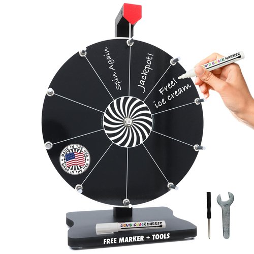 Whirl of Fun 12 inch Black Prize Wheel - Spinning Wheel for Prizes with Stand, 10 Slots, Customize Erasable Dry Erase Surface, Portable, Tools Included, Made in USA