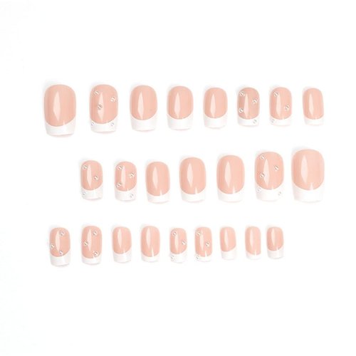 Foccna Square Press on Nails Medium, Pearl White Fake Nails Acrylic French False Nails, Artificial Glossy Nude Nails for Women and Girls- 24 pcs